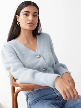 & Other Stories Blue Silver Heart Button Wool Alpaca Cardigan Coquette Romantic